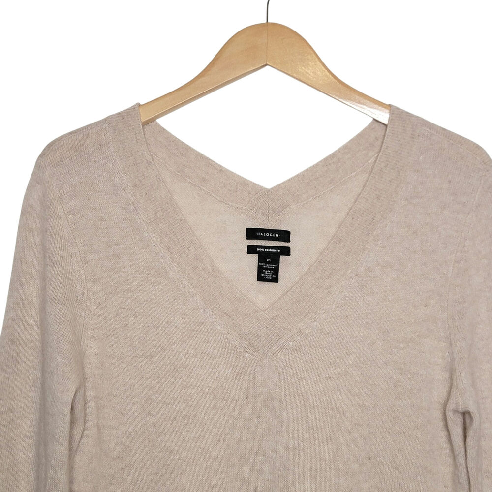 Halogen 100% Cashmere V Neck Pullover Sweater Long Sleeve Beige Cream M Classic - Picture 3 of 11